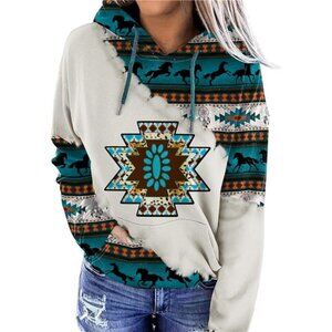 Women’s Geometric Horse Print Aztec Hoodie – Western Cowgirl Pullover Sweatshirt